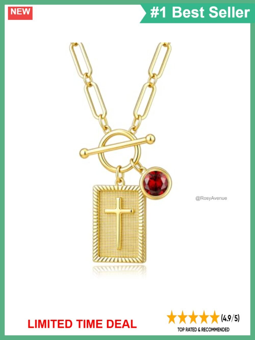 14K Gold Plated Chunky Cross Necklace Birthstone Pendant